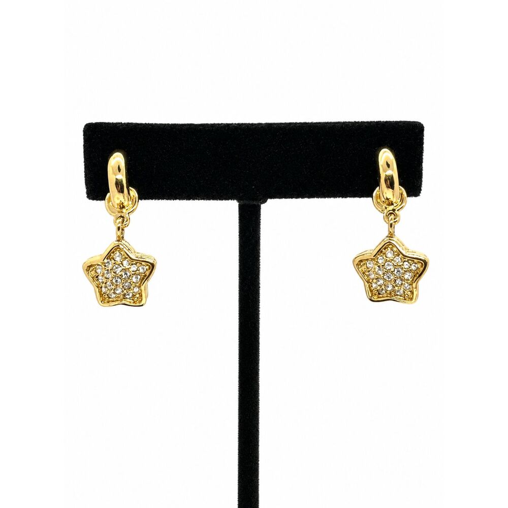 SWAROVSKI STAR EARRINGS Gold Tone Crystal Pave Dangle Hoop Swan Signed